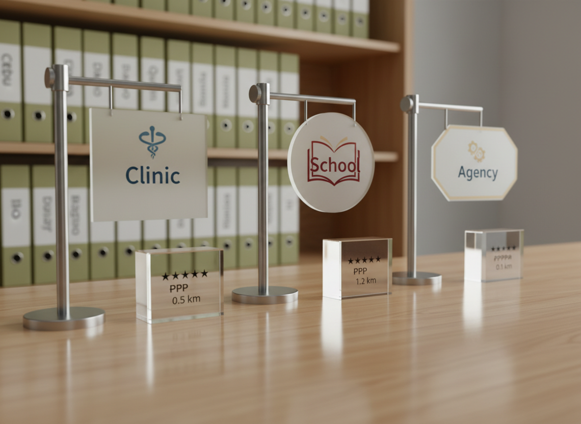 A polished light-wood counter with three distinct signage mockups propped on metal stands: one labeled “Clinic,” another “School,” and the third “Agency,” each with understated logos and subtle Philippine-inspired colors of blue, red, and gold. In front of each sign sits a small acrylic block engraved with star ratings, pricing tiers, and distance in kilometers. Behind the counter, out of focus, are shelves with neatly arranged binders labeled by city names like Cebu, Davao, and Quezon City. Soft studio lighting from above and the side casts clean, controlled shadows, creating a precise, professional look. Captured in photographic realism from a slightly low angle, the composition suggests an organized hub for ranking and comparing professional services across the country.