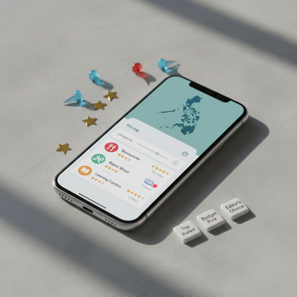 A smartphone placed on a smooth gray stone surface, its screen displaying a polished review interface with a map of the Philippines, sortable filters for pricing and distance, and colorful five-star ratings beside simplified icons for restaurants, repair shops, and learning centers. Around the phone lie neatly arranged physical tokens: tiny acrylic location pins, star-shaped markers, and small labeled tiles reading “Top Rated,” “Budget Pick,” and “Editor’s Choice.” Gentle morning window light from the left side casts soft shadows and subtle highlights on the phone’s metallic edges. Captured at a close-up, slightly angled top-down perspective with shallow depth of field, the photographic image feels modern, trustworthy, and practical, emphasizing mobile, on-the-go decision-making for local services.