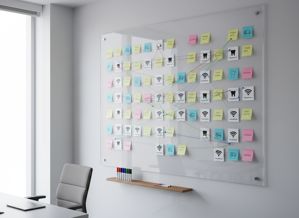 A large wall-mounted glass board in a minimalist office, covered with carefully arranged sticky notes and printouts representing different local services: icons for dental clinics, logistics companies, internet providers, and co-working spaces in the Philippines. Colored strings connect clusters of notes, visually mapping rankings for price, location, and customer satisfaction. A neat row of color-coded markers rests on a slim floating shelf beneath the board. Bright, even daylight from a nearby window reflects subtly off the glass surface, adding clarity without glare. Shot from a three-quarter angle in photographic realism, with sharp focus across the board, the mood is analytical and systematic, conveying the behind-the-scenes process of evaluating and curating trustworthy service recommendations.