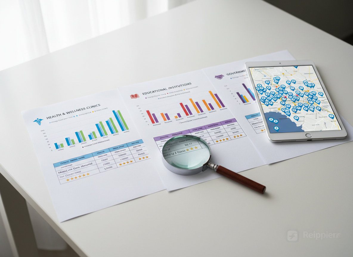 A clean white tabletop featuring three printed service comparison sheets laid side by side, each with colorful bar graphs, neatly organized price tables, and simple icons for clinics, schools, and agencies in the Philippines. A magnifying glass lies over one sheet, subtly enlarging a five-star rating row, while a slim tablet nearby displays a map with clustered blue review markers. Diffused overcast light from an unseen window creates soft, shadowless illumination, emphasizing legibility and precision. Photographic realism with a slightly elevated angle and shallow depth of field draws attention to the central comparison data. The scene feels analytical yet approachable, with a minimalist, highly organized composition that communicates methodical evaluation of local services.
